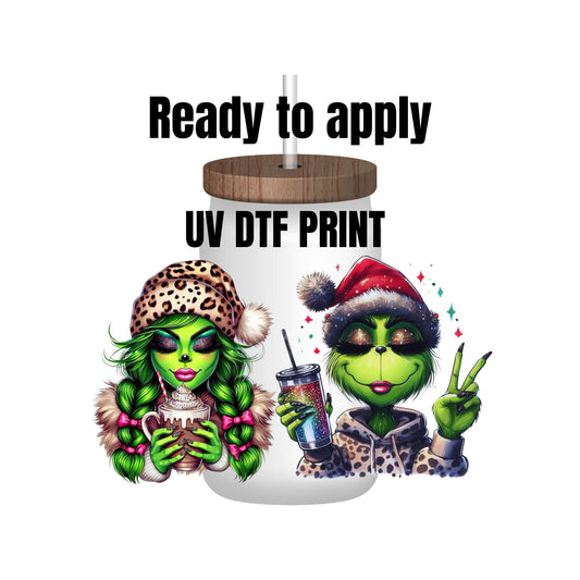 UV DTF Sticker print. Miss green face Christmas hat decal, tumbler decal, permanent sticker. Uv wrap for glass can tumbler. #7004