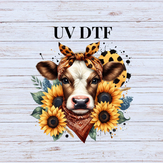 UV DTF Sticker print. Sunflower and leopard Cow decal, tumbler decal, permanent sticker. UV for glass can tumbler. #1036