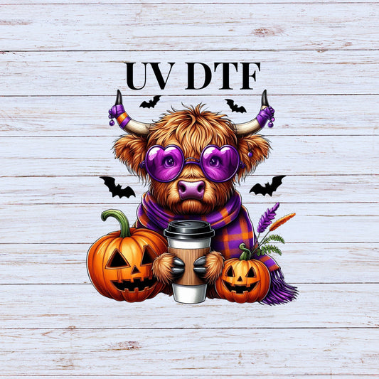 UV DTF Sticker print Halloween Cow with Purple Sunglasses decal, tumbler decal, permanent sticker. Uv wrap for glass can tumbler. #7027
