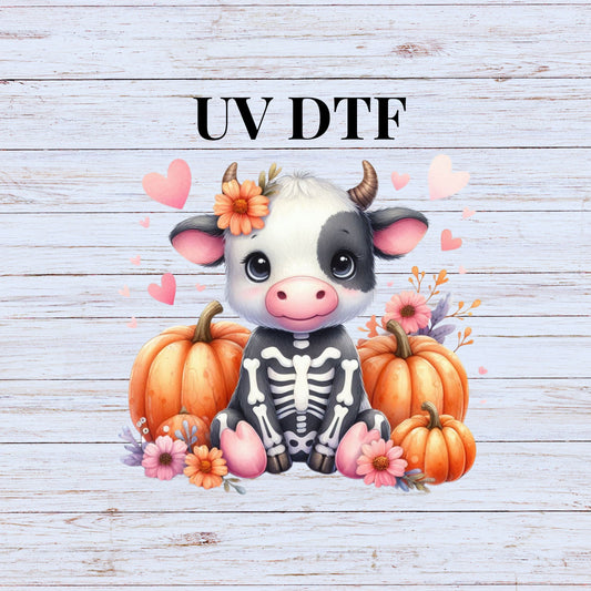 UV DTF Sticker print Skeleton baby cow with pumpkins and hearts decal, tumbler decal, permanent sticker. Uv wrap glass can tumbler. #7028