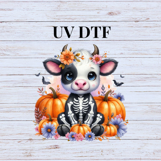 UV DTF Sticker print Cow Skeleton Floral pumpkins decal, tumbler decal, permanent sticker. Uv wrap glass can tumbler. #7030
