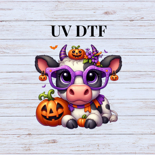 UV DTF Sticker print Pumpkin Cow with glasses decal, tumbler decal, permanent sticker. Uv wrap glass can tumbler. #7031