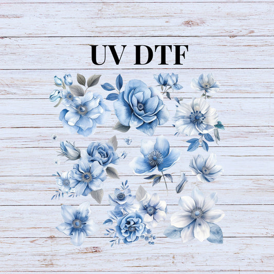 UV DTF Sticker prints. Blue flower element sheet bundle decal, permanent sticker. UV wrap for glass can tumbler. #10047