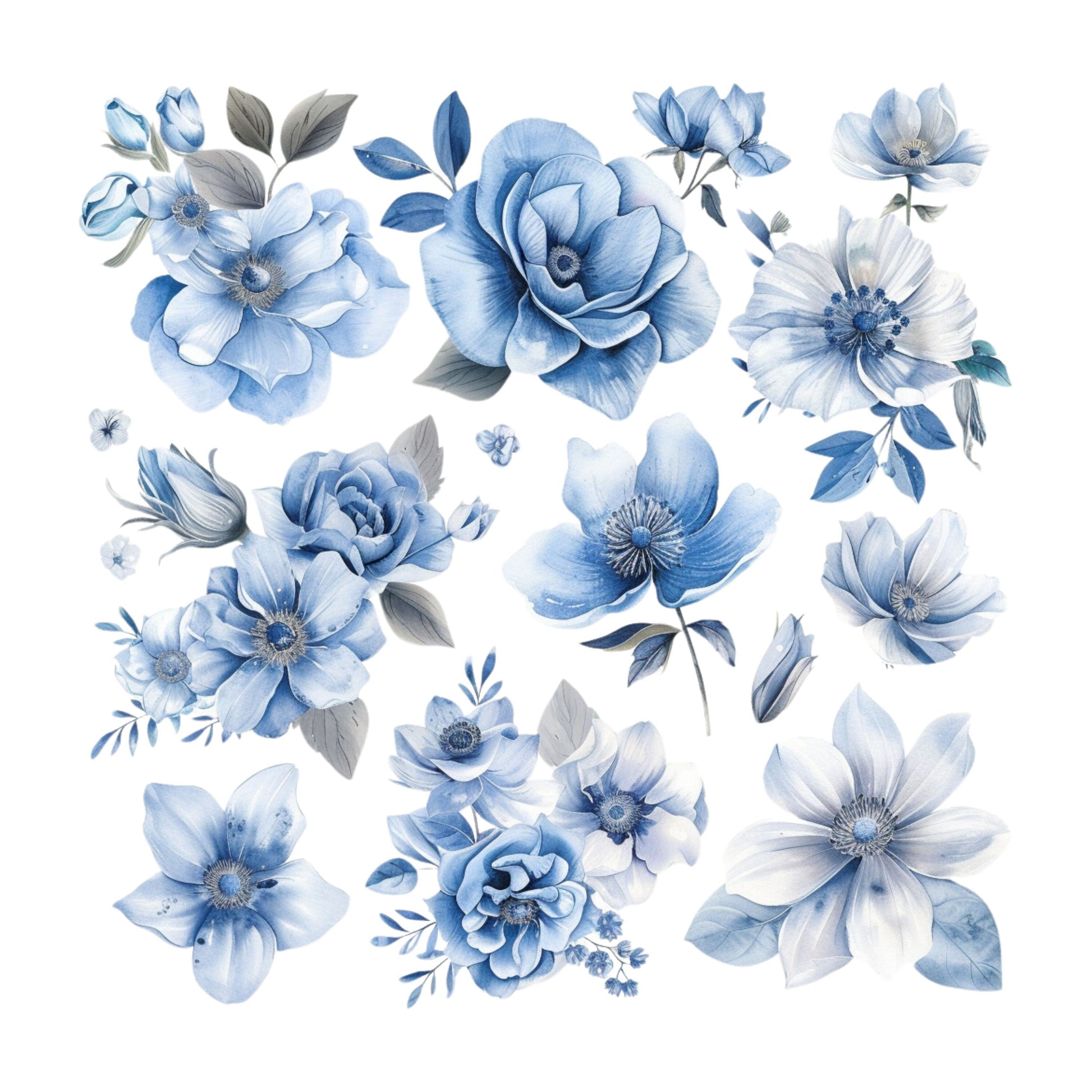 UV DTF Sticker prints. Blue flower element sheet bundle decal, permanent sticker. UV wrap for glass can tumbler. #10047