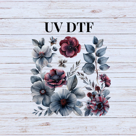 UV DTF Sticker prints. Blue and Maroon flowers element sheet bundle decal, permanent sticker. UV wrap for glass can tumbler. #10050