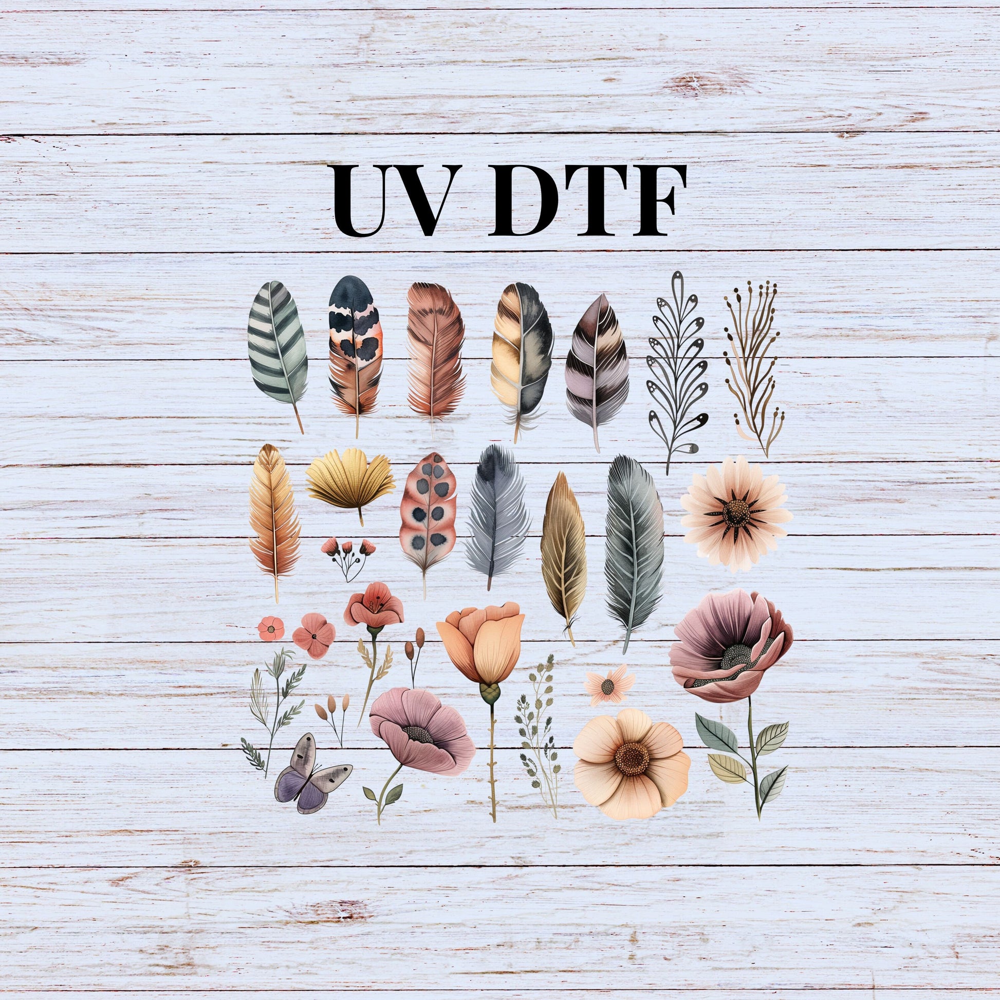 UV DTF Sticker prints. Feathers and flowers element sheet bundle decal, permanent sticker. UV wrap for tumbler. #10053