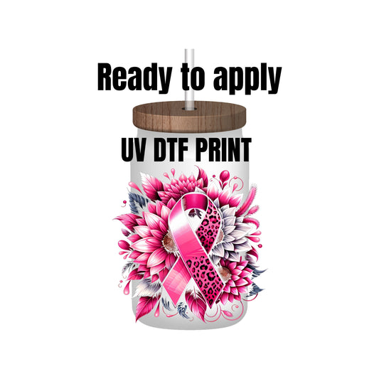 UV DTF Sticker print Breast Cancer Sunflower ready to apply decal, tumbler decal, permanent sticker. Uv wrap for glass can tumbler. #10032