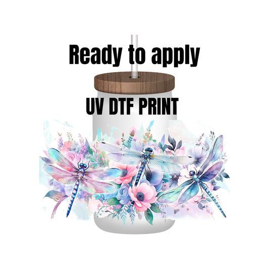 UV DTF Sticker print. Floral dragonflies wrap decal, tumbler decal. UV wrap for glass can tumbler. #5150