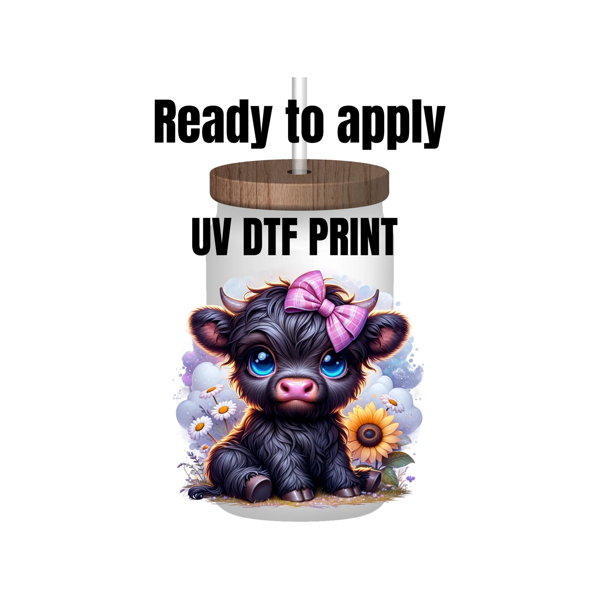 UV DTF Sticker print. Black Baby Cow with Pink accents decal, tumbler decal, permanent sticker. Uv wrap for glass can tumbler. #1025