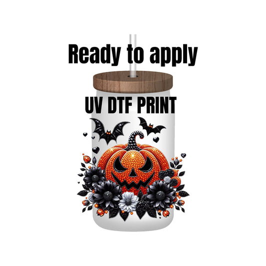 UV DTF Sticker print Pumpkin rhinestone Halloween and fall decal, tumbler decal, permanent sticker. Uv wrap for glass can tumbler. #7011