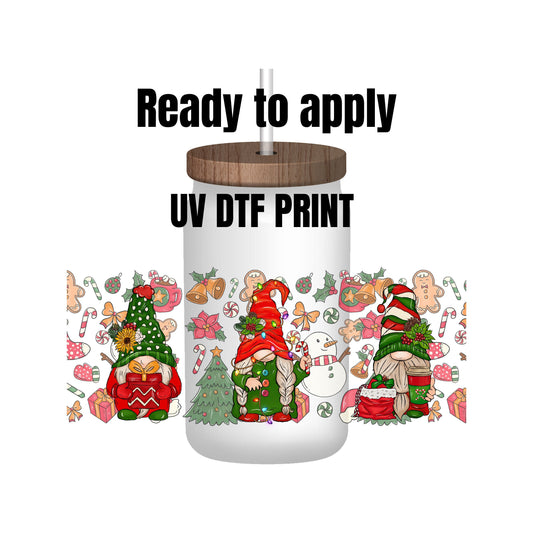 UV DTF Sticker print Christmas Gnome Wrap decal, tumbler decal, permanent sticker. Uv wrap for Glass can or tumbler. #7018