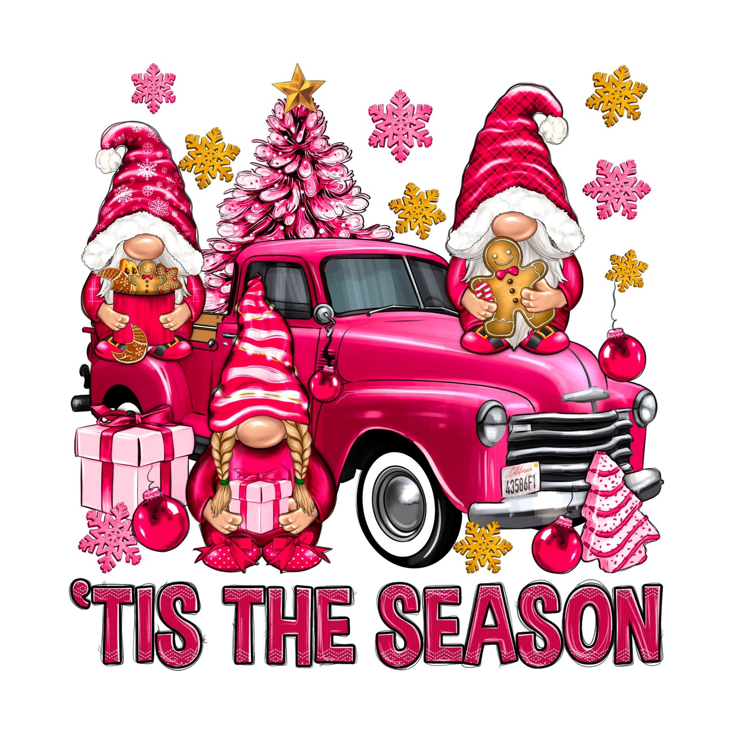 UV DTF Sticker print Pink Gnome Tis' The Season Truck decal, tumbler decal, permanent sticker. Uv wrap for glass can tumbler. #7017