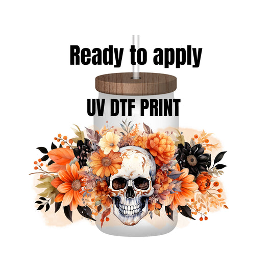 UV DTF Sticker print Halloween Skull wrap decal, tumbler decal, permanent sticker. Uv wrap for glass can tumbler. #7021