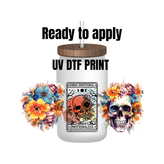 UV DTF Sticker print. Kinda Emotionaless Skull tarot card tumbler wrap decal, tumbler decal. UV wrap for glass can tumbler. #5154