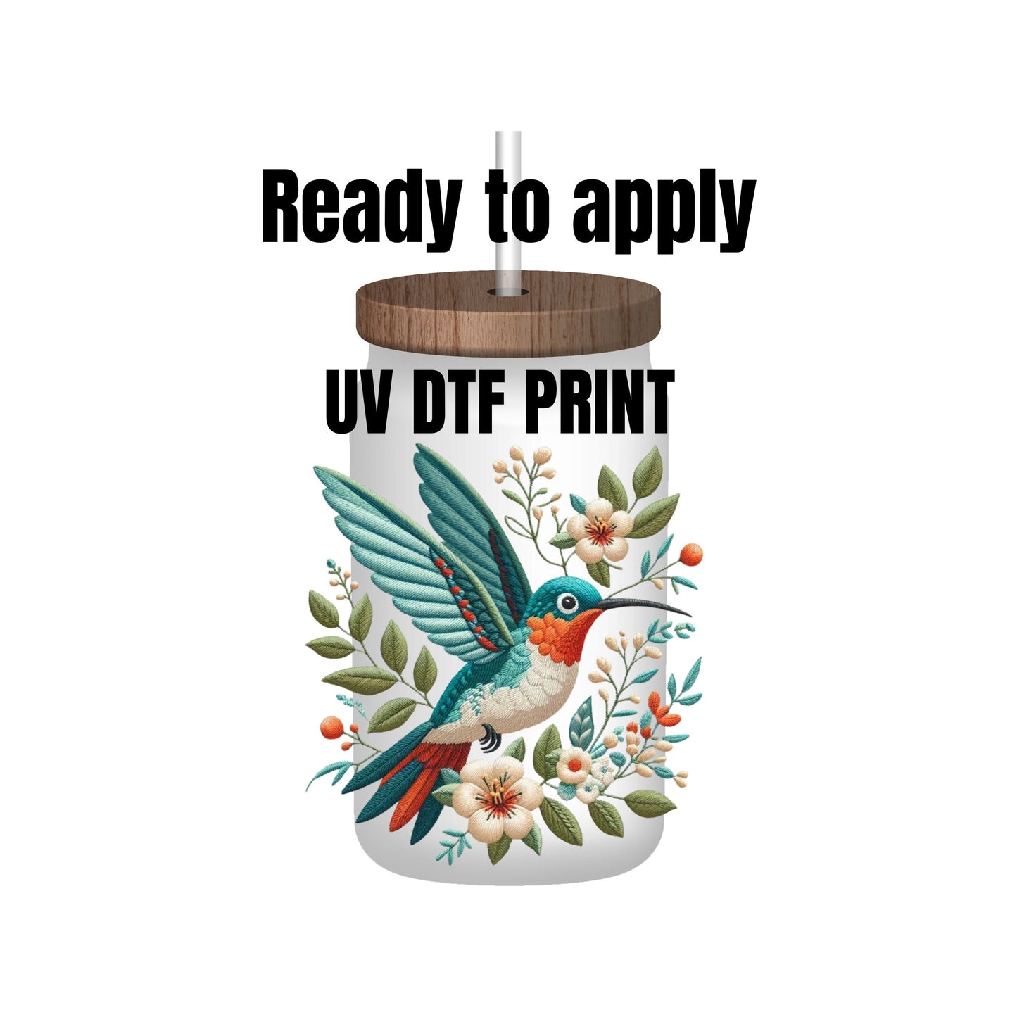 UV DTF Sticker print. Embroidery style hummingbird decal, tumbler decal, permanent sticker. UV wrap for glass can tumbler. #10000