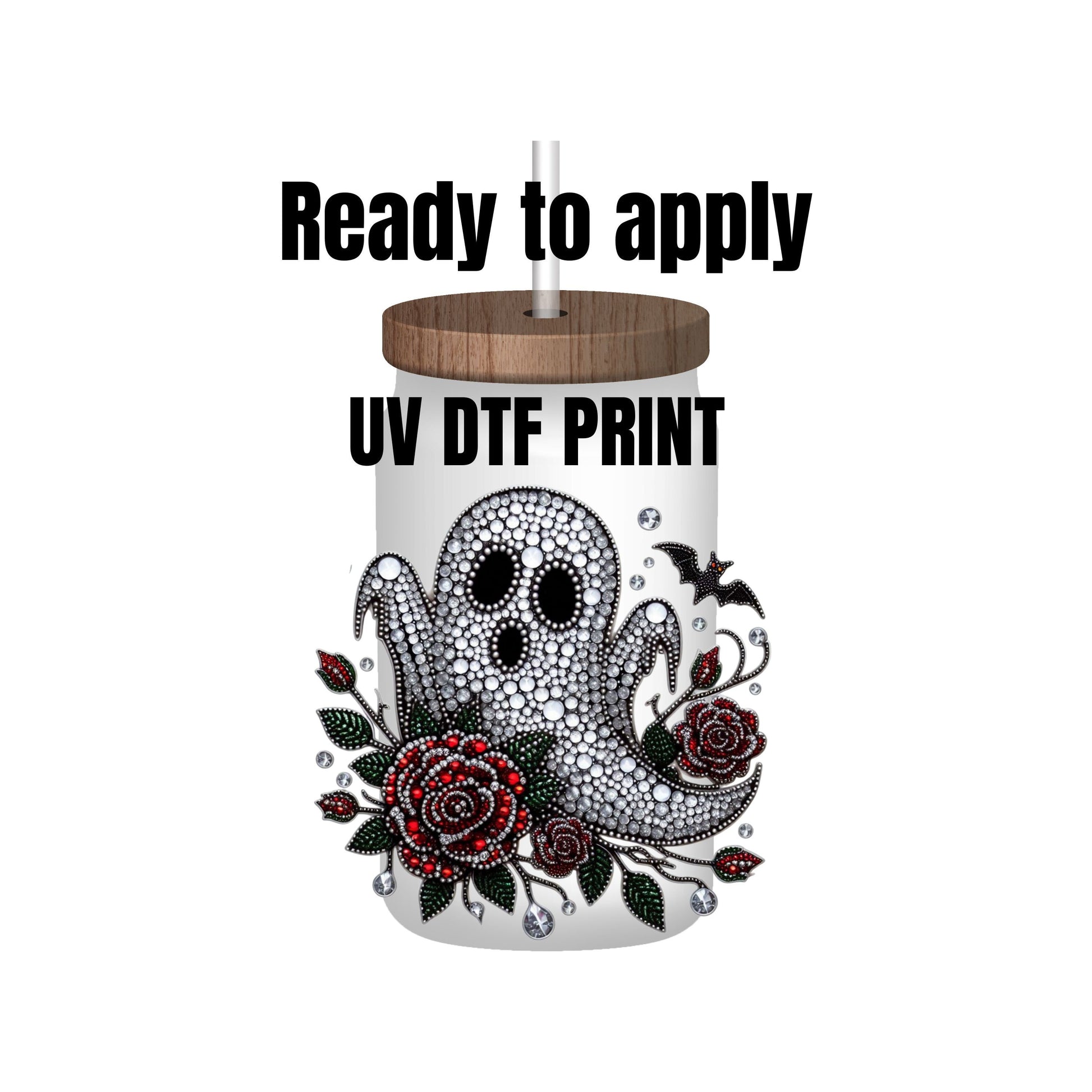 UV DTF Sticker print Ghost and rose rhinestone decal, tumbler decal, permanent sticker. Uv wrap for glass can tumbler. #7024