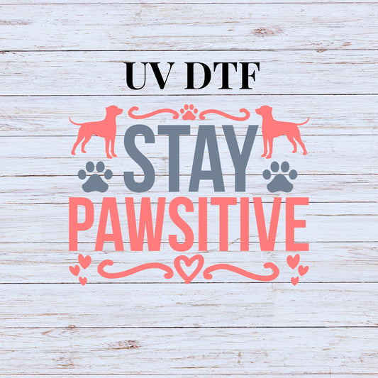 UV DTF Sticker print. Stay Pawsitive decal, tumbler decal, permanent sticker. UV wrap for glass can tumbler. #4216