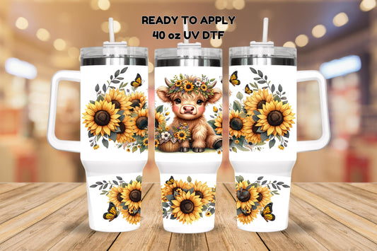 UV DTF 40 oz ready to apply Sunflower cow floral wrap Glass can wrap. Permanent sticker. UV wrap quencher #3028