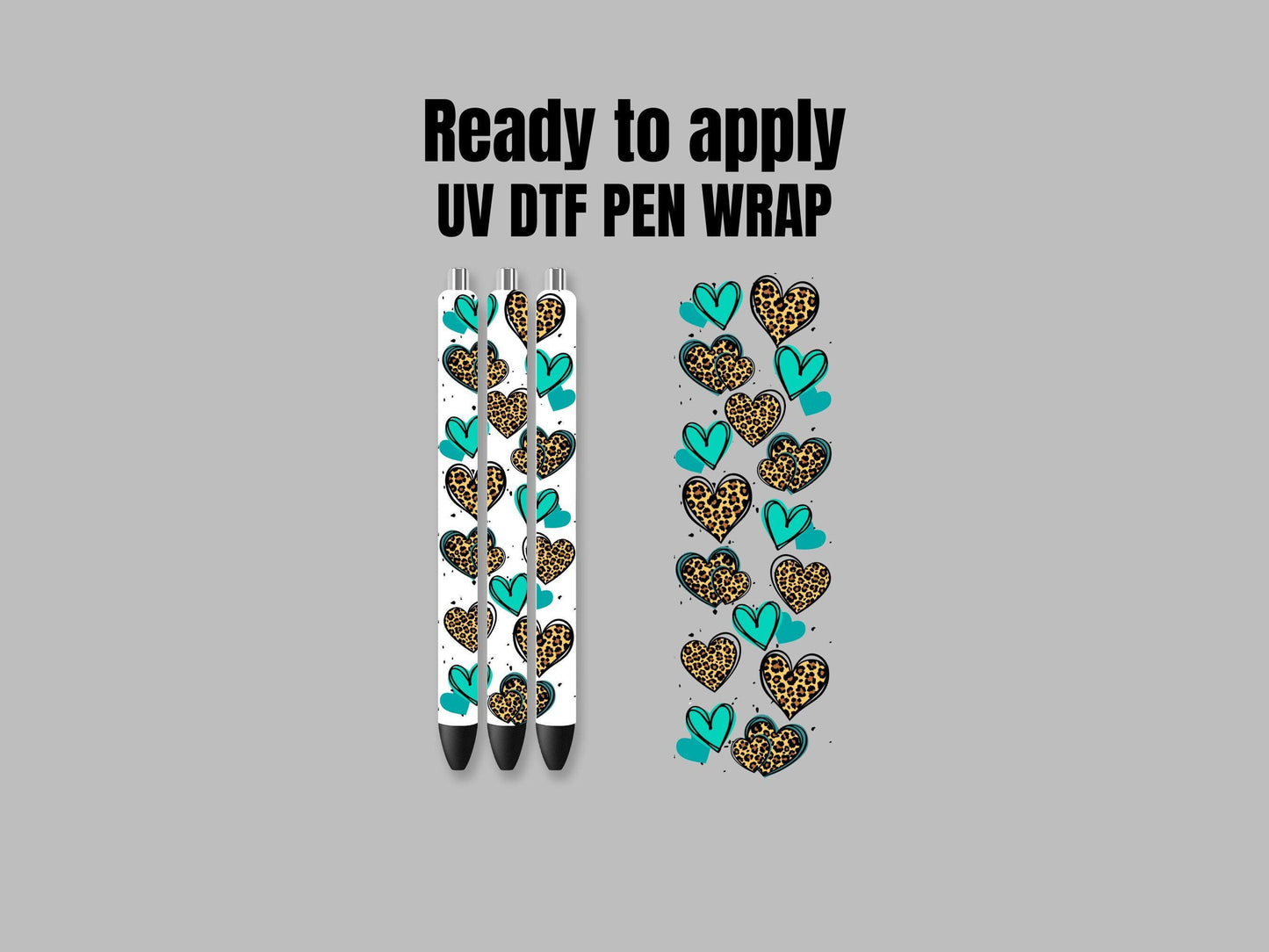 UV DTF Pen Wrap Ready To Apply Sticker Print. Teal Cheetah Heart Clear Backing Uv Pen wrap. #8014