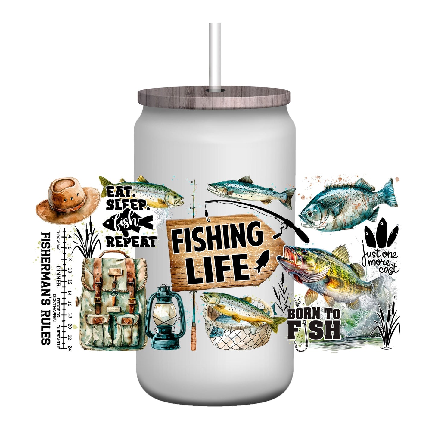 UV DTF Sticker print. Fishing Life, Fisherman rules tumbler wrap decal, tumbler decal. UV wrap for glass can tumbler. #5156