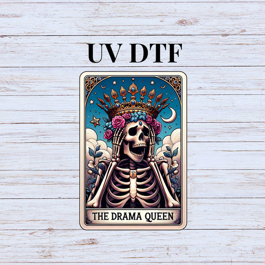 UV DTF Sticker print. Drama Queen Tarot card decal, tumbler decal, permanent sticker. Uv wrap for glass can tumbler. #4222