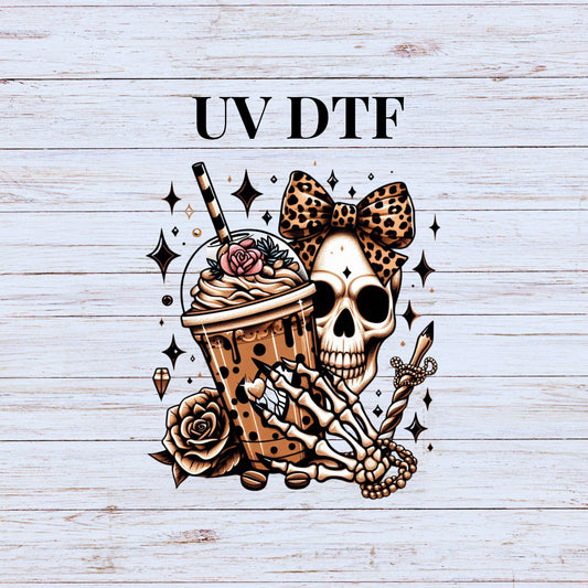 UV DTF Sticker print Skull gothic coffee season Halloween decal, tumbler decal, Uv wrap glass can tumbler. #7037