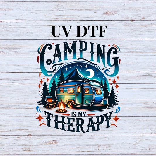 UV DTF Sticker print. Camping is my therapy decal, tumbler decal, permanent sticker. Uv wrap for glass can tumbler. #4212