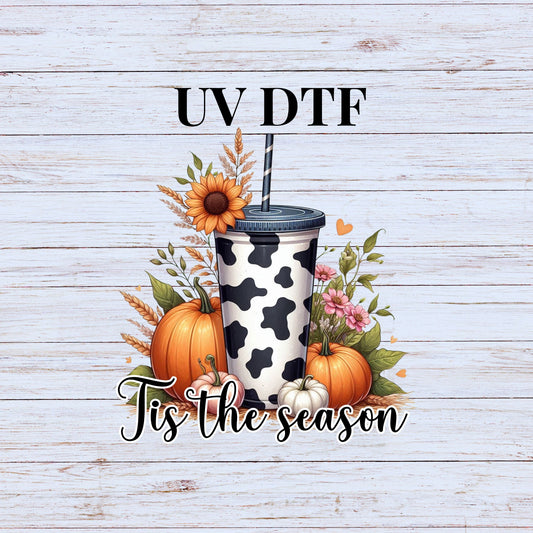 UV DTF Sticker print Tis the season Cow cup Halloween decal, tumbler decal, permanent sticker. Uv wrap glass can tumbler. #7032