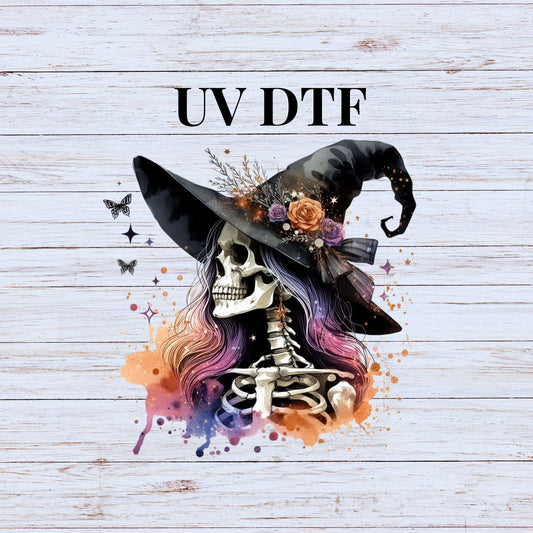 UV DTF Sticker print Skeleton Witch Halloween decal, tumbler decal, permanent sticker. Uv wrap glass can tumbler. #7033