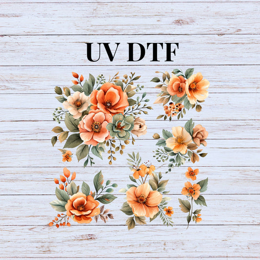 UV DTF Sticker prints. Orange flower element sheet bundle decal, permanent sticker. UV wrap for glass can tumbler. #10048