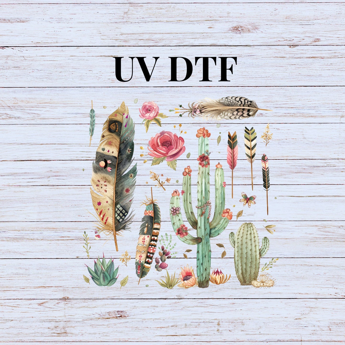 UV DTF Sticker prints. Western feathers, cactus and flowers element sheet bundle decal, permanent sticker. UV wrap for tumbler. #10052