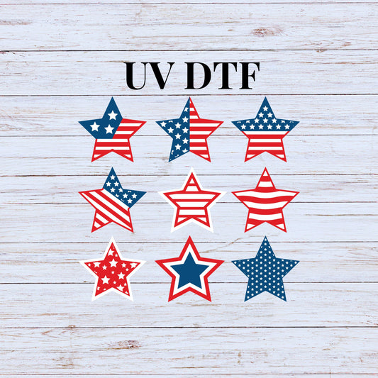 UV DTF Sticker prints. Patriotic Red, White & Blue star element sheet bundle decal, permanent sticker. UV wrap for glass can tumbler. #10064