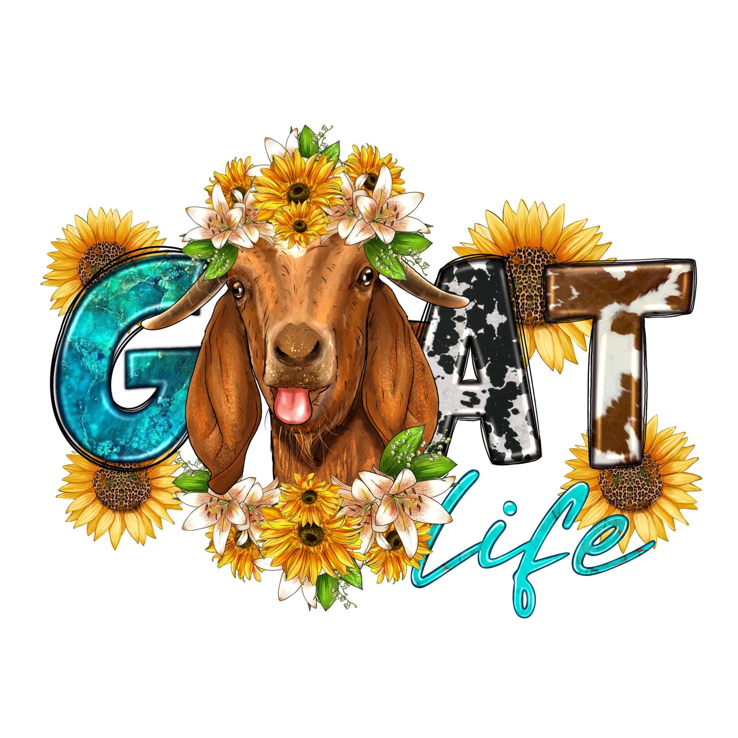 UV DTF Sticker print Goat Life with sunflowers decal, tumbler decal, permanent sticker. Uv wrap for glass can tumbler. #4229