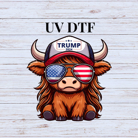 UV DTF Sticker print. Trump Cow with Trucker Hat decal, Patriotic, tumbler decal, permanent sticker. Uv wrap for glass can tumbler. #4231