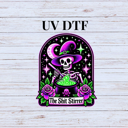 UV DTF Sticker print Shit stirrer Skeleton Purple tarot card decal, tumbler decal, permanent sticker. Uv wrap for glass can tumbler. #7064