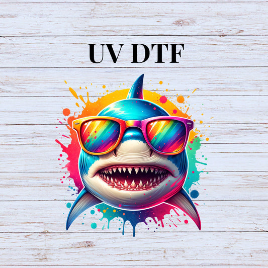 UV DTF Sticker print Colorful Shark cartoon decal, tumbler decal, permanent sticker. Uv wrap for glass can tumbler. #10071