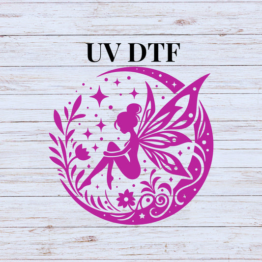 UV DTF Sticker prints. Pink fairy on elegant moon decal, permanent sticker. UV wrap for tumbler. #10055