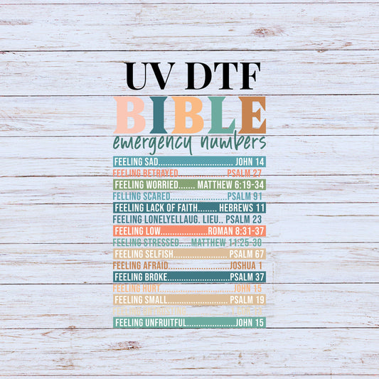 UV DTF Sticker print. Bible emergency numbers decal, tumbler decal, permanent sticker. UV wrap for glass can tumbler. #4217