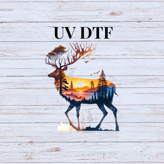 UV DTF Sticker prints. Deer and sunset decal, permanent sticker. UV wrap for tumbler. #10057