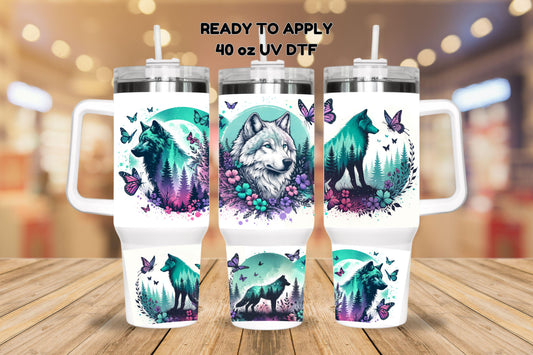 UV DTF 40 oz ready to apply Wolf scene with purple and teal wrap Glass can wrap. Permanent sticker. UV wrap quencher #3029