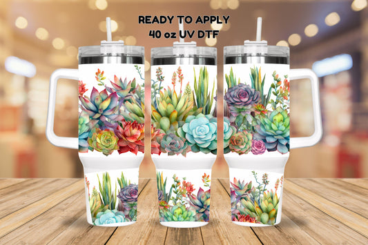 UV DTF 40 oz ready to apply Watercolor Succulent wrap Glass can wrap. Permanent sticker. UV wrap quencher #3030