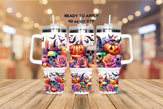 UV DTF 40 oz ready to apply Skeletons and pumpkins Halloween wrap decal , permanent sticker. UV wrap quencher #3036