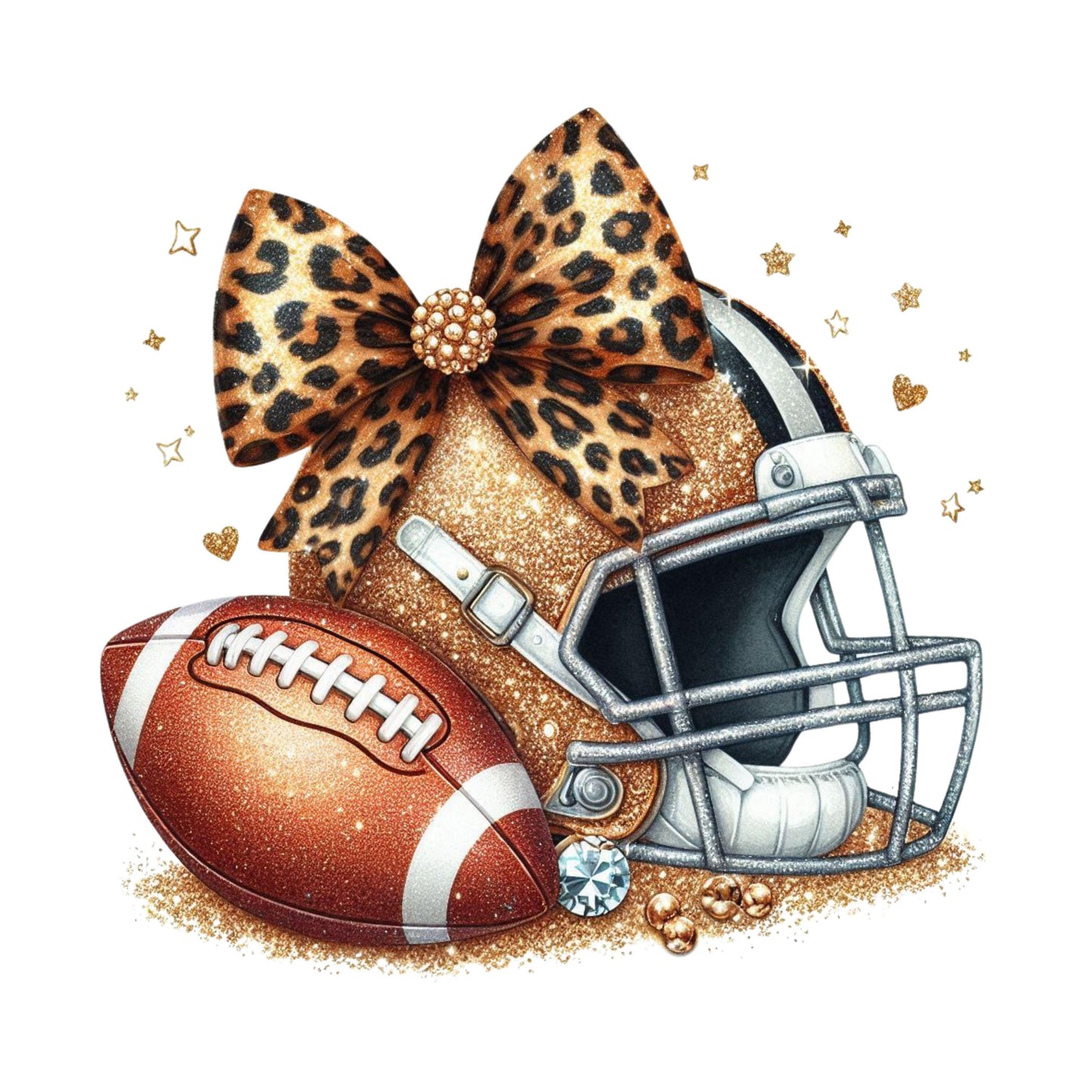 UV DTF Sticker print. Rhinestone glitter football decal with cheetah bow, tumbler decal, permanent sticker, tumbler. #9014