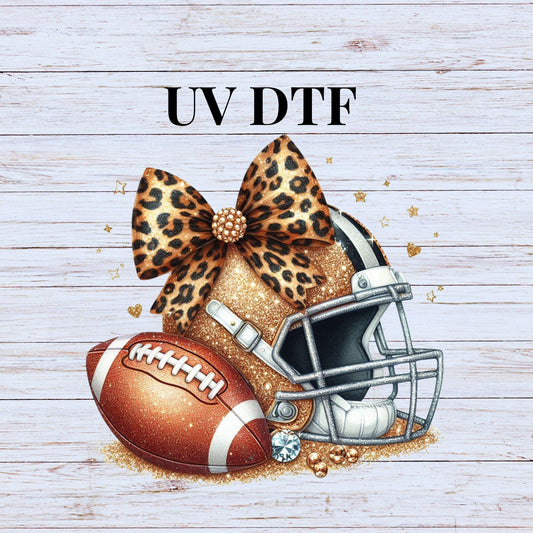 UV DTF Sticker print. Rhinestone glitter football decal with cheetah bow, tumbler decal, permanent sticker, tumbler. #9014