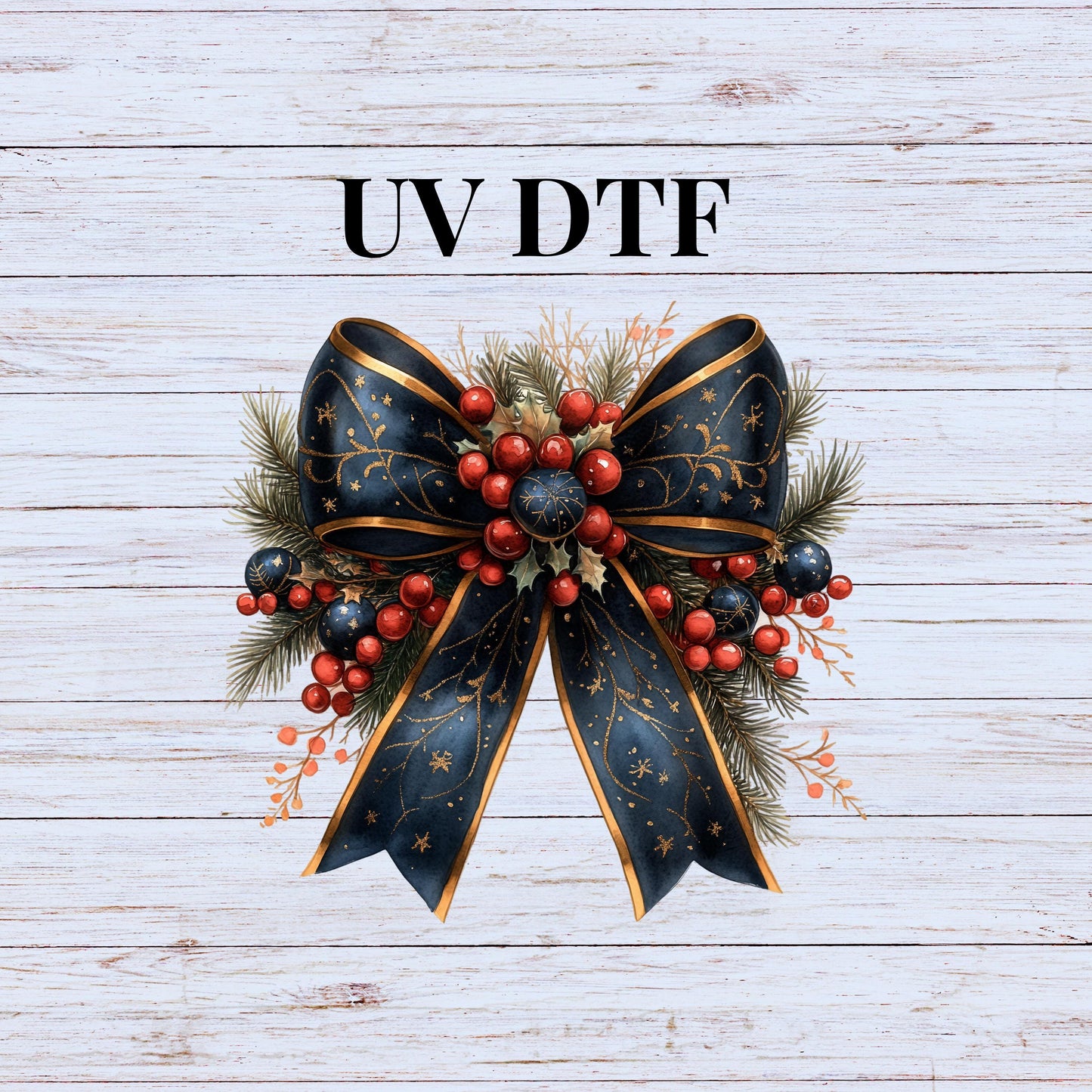 UV DTF Sticker print Christmas Bow Red Gold Black decal, tumbler decal, permanent sticker. Uv wrap for glass can tumbler. #7071