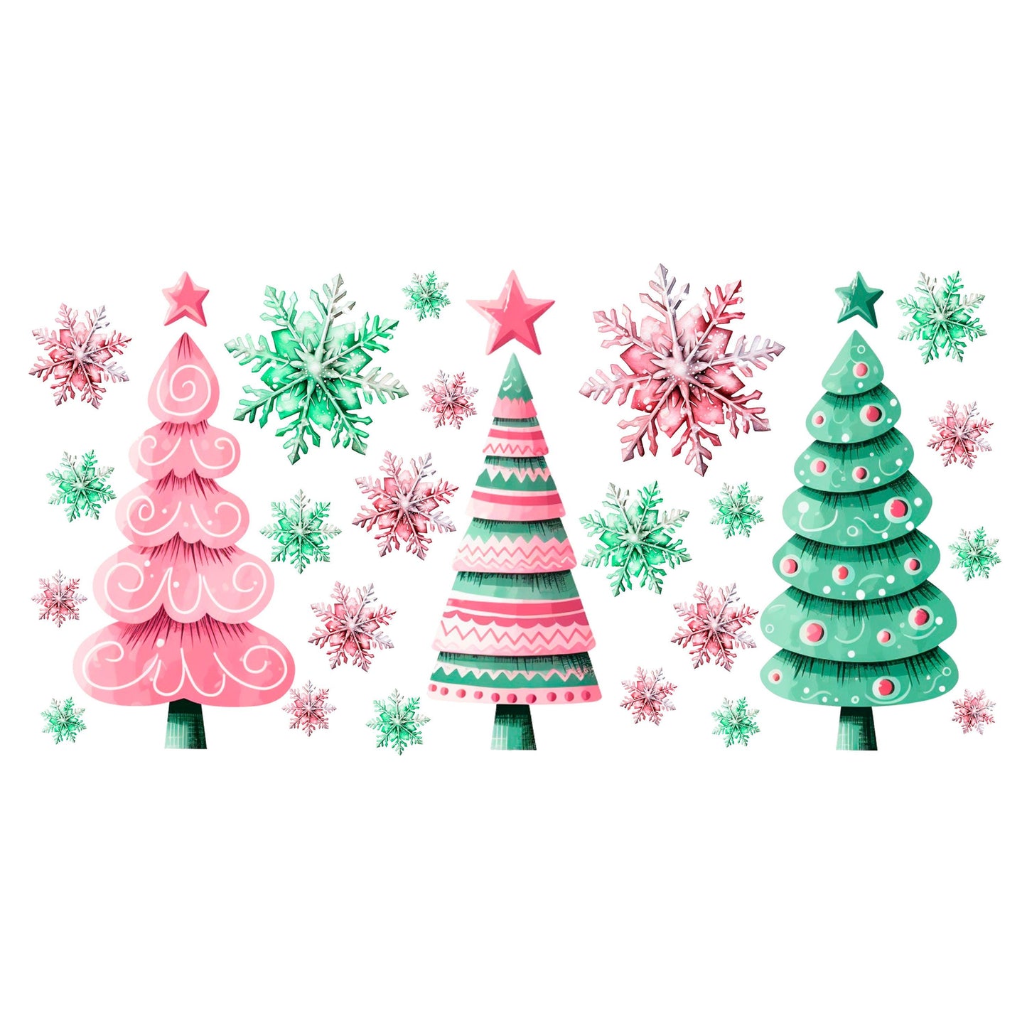 UV DTF Sticker print. Pink Christmas trees wrap or element sheet, tumbler decal. UV wrap for glass can tumbler.#7075