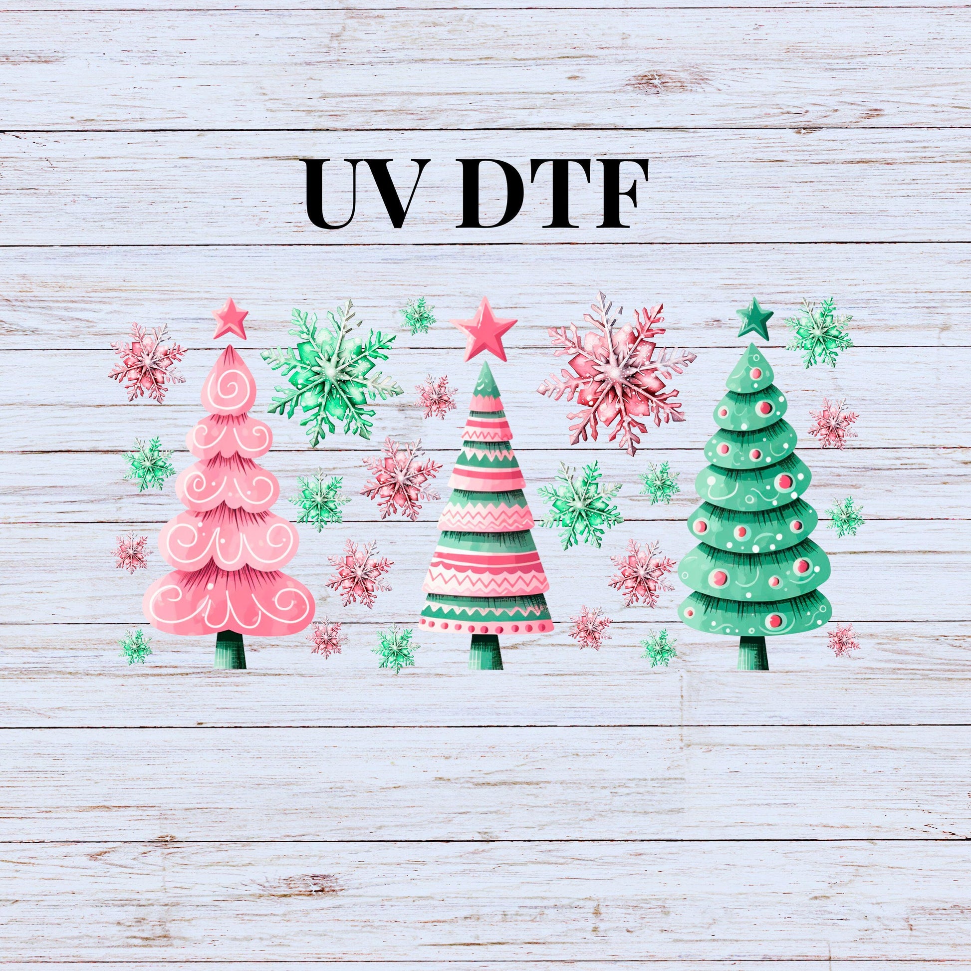 UV DTF Sticker print. Pink Christmas trees wrap or element sheet, tumbler decal. UV wrap for glass can tumbler.#7075