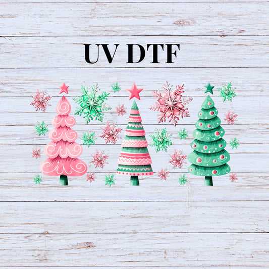 UV DTF Sticker print. Pink Christmas trees wrap or element sheet, tumbler decal. UV wrap for glass can tumbler.#7075