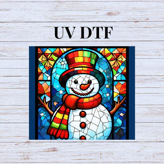 UV DTF Sticker print Stained Glass Snowman decal, tumbler decal, permanent sticker. Uv wrap for glass can tumbler. #7061