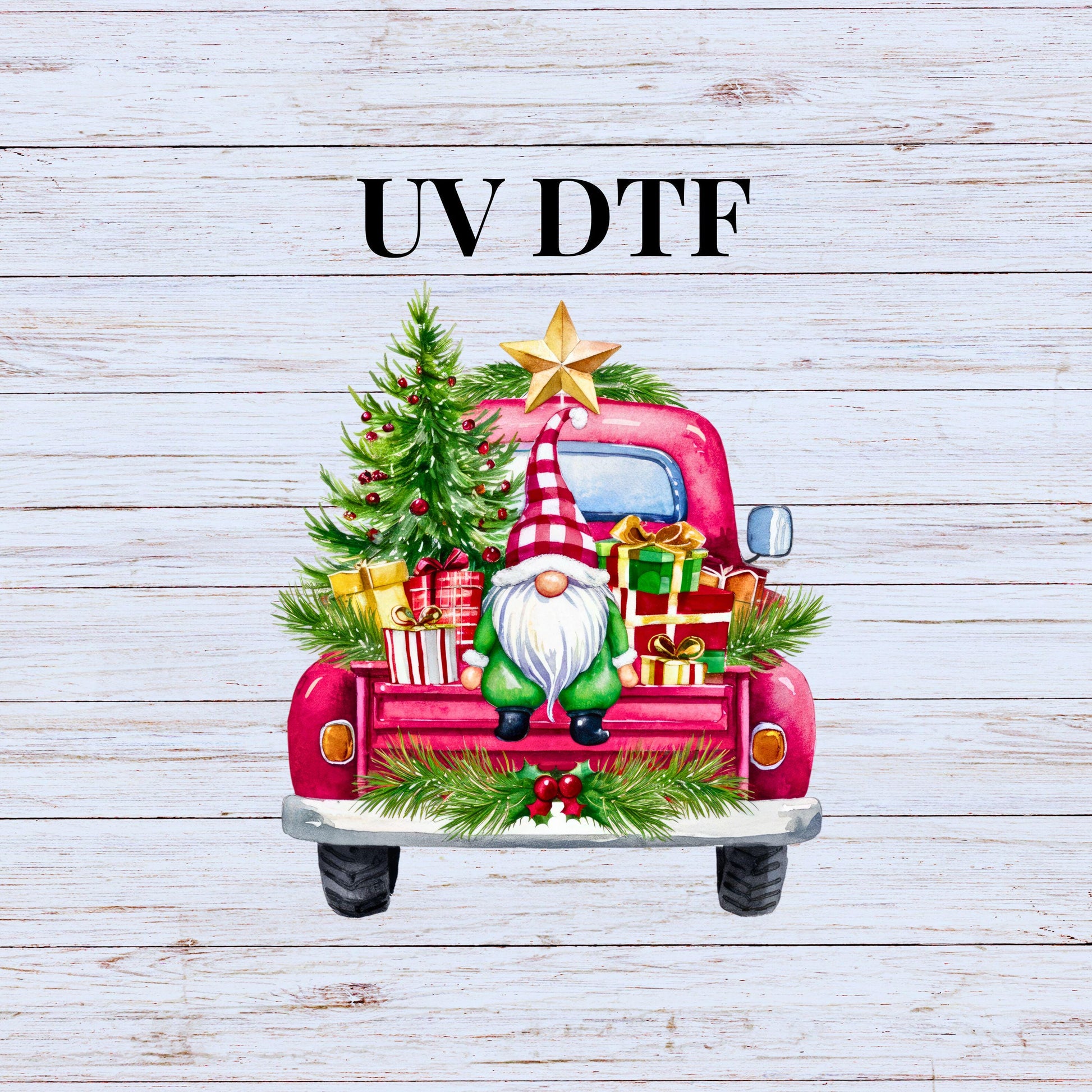 UV DTF Sticker print Pink Truck Gnomes and Christmas Tree decal, tumbler decal, permanent sticker. Uv wrap for glass can tumbler. #7062